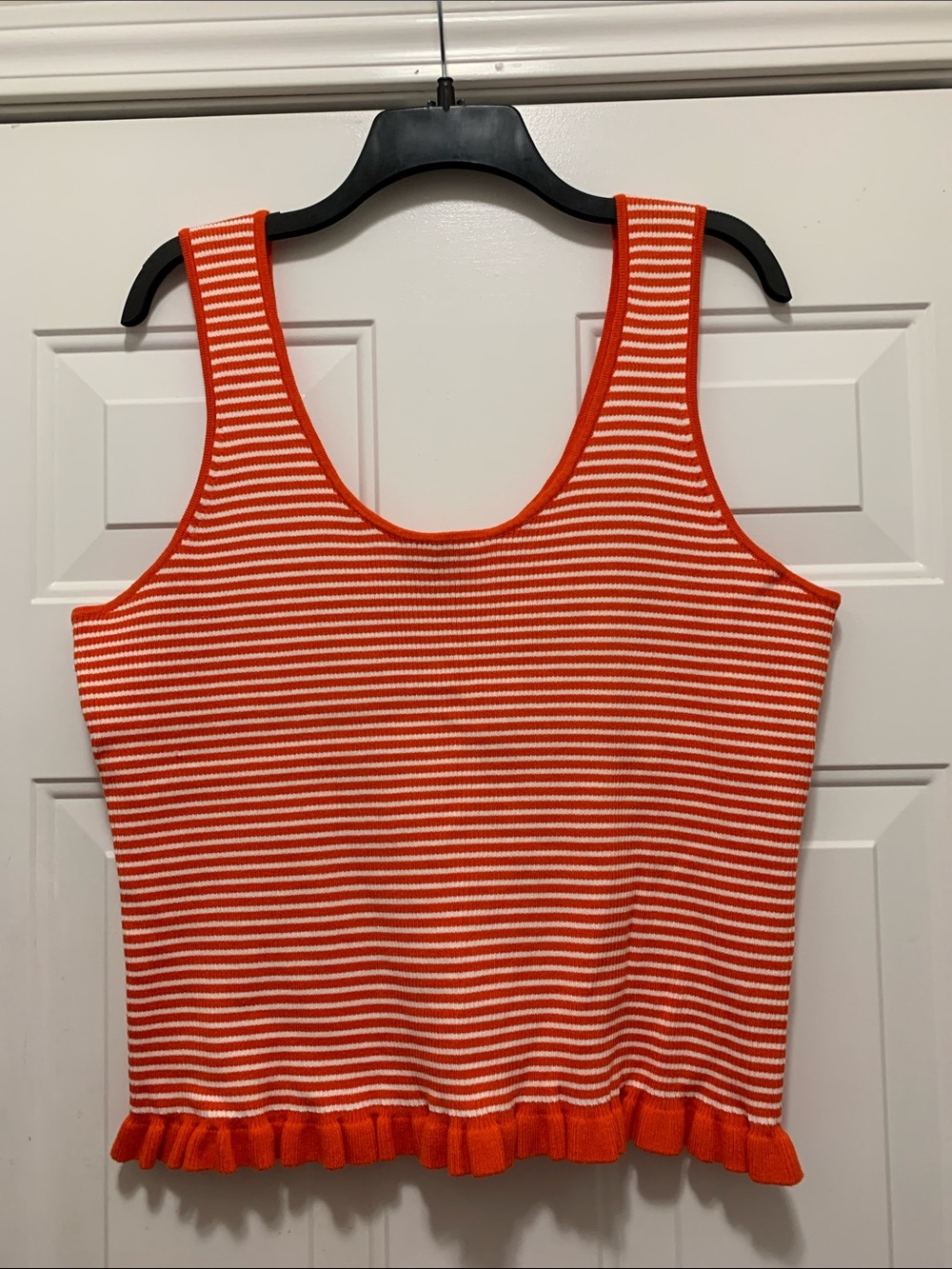 3/$15 Free Assembly Cotton Blend Striped Orange & White Knit Ruffle-Hem Tank Top
